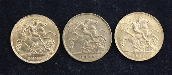 Three Edward VII gold half sovereigns,